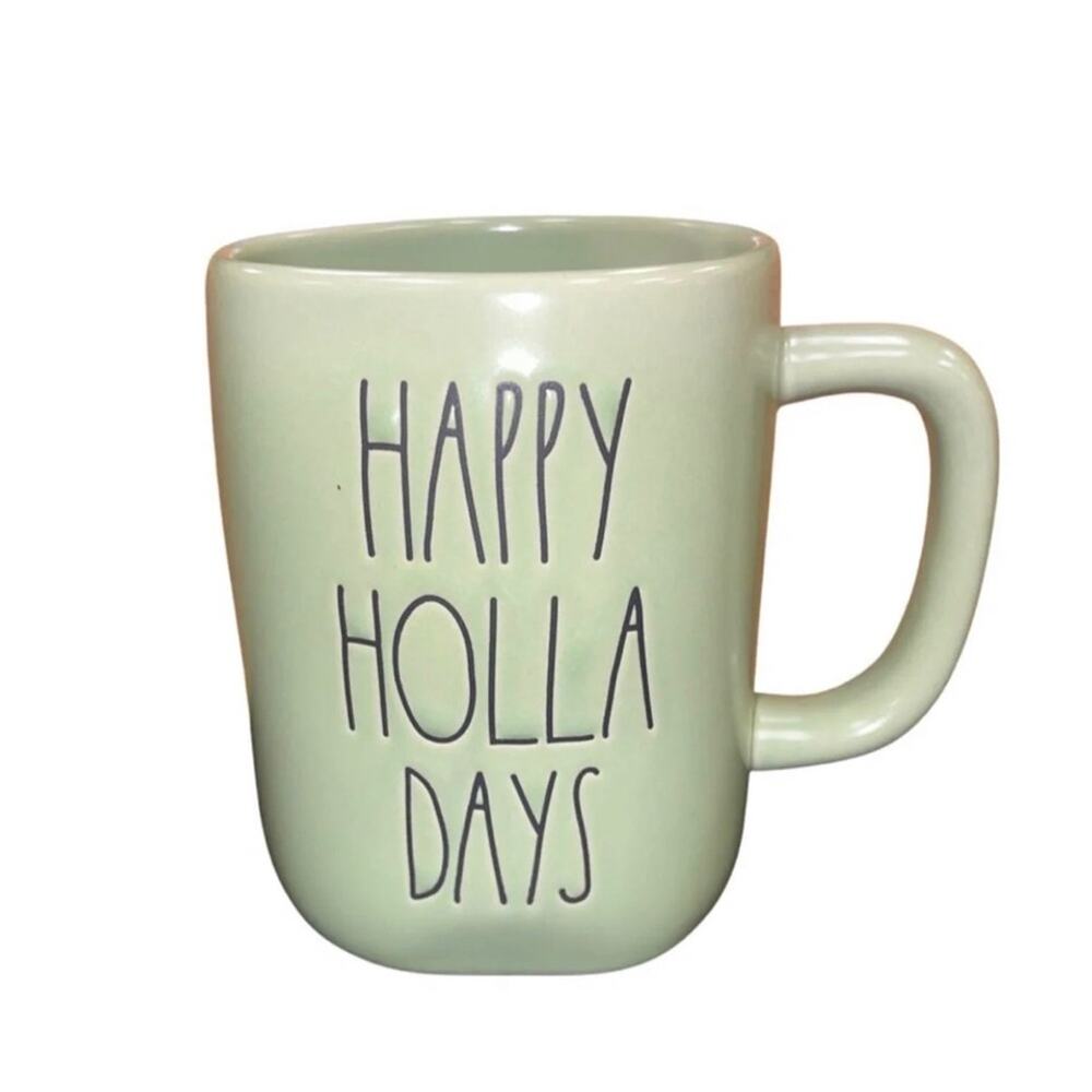 Rae Dunn RARE Happy Holla Days Graphic Green Coffee Ceramic Mug NWT